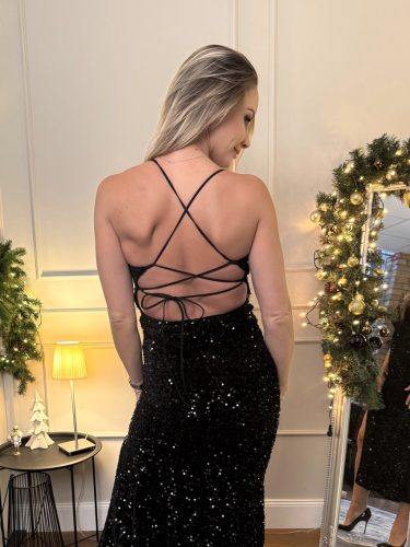 Fekete spagetti pántos flitteres ruha