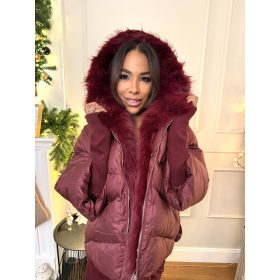 Burgundi szõrmegalléros kabát